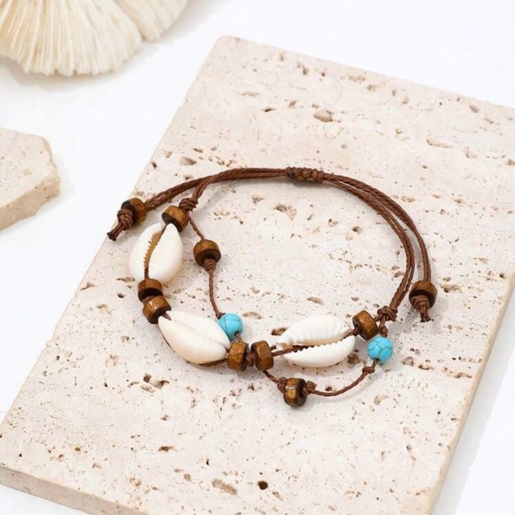 Double Layered Beachy Cowry Shell Anklet w/ Wooden & Blue Turquoise Color Beads - Picture 3 of 3